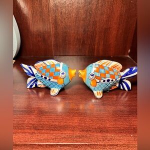 Blue Sky Clayworks Kissing Fish Salt and Pepper Shakers Signed Diane- Vintage